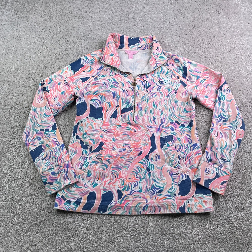Lilly Pulitzer Sweater Women Small Pink Flamingo UPF 50 Skipper Popover Tropical